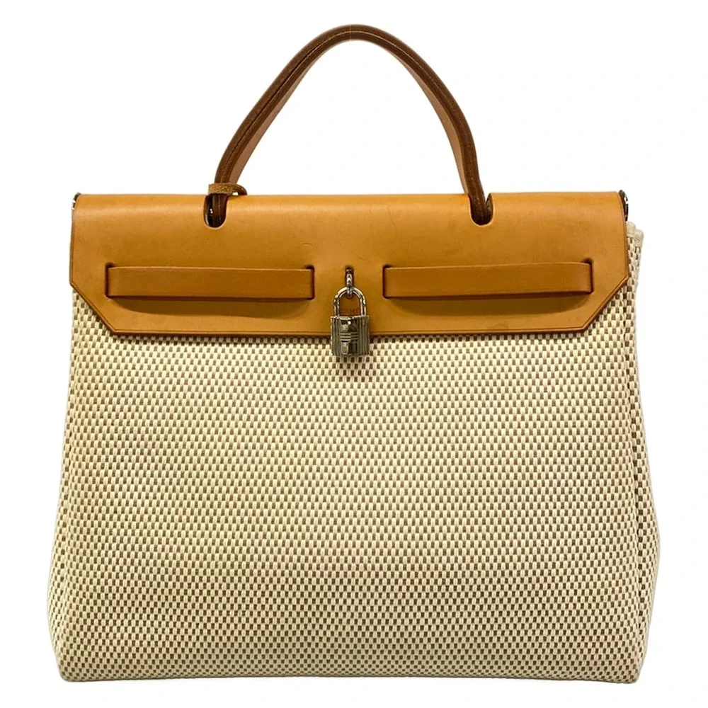 Hermès Herbag PM Handbag Cream Brown Toile GM Leather